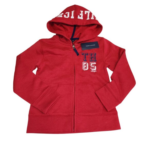 Tommy Hilfiger Girls 7 Red Full Zip Long Sleeve Hoodie TH85 Logo New 2403 - Picture 1 of 6